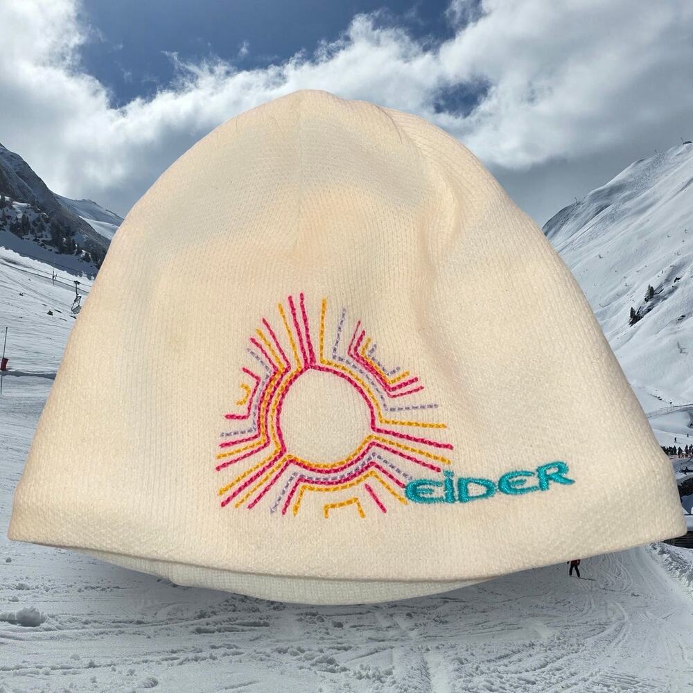 Eider Beanie Hat White Knit Sunburst Solar Blue Turquoise Ski Gorpcore OS